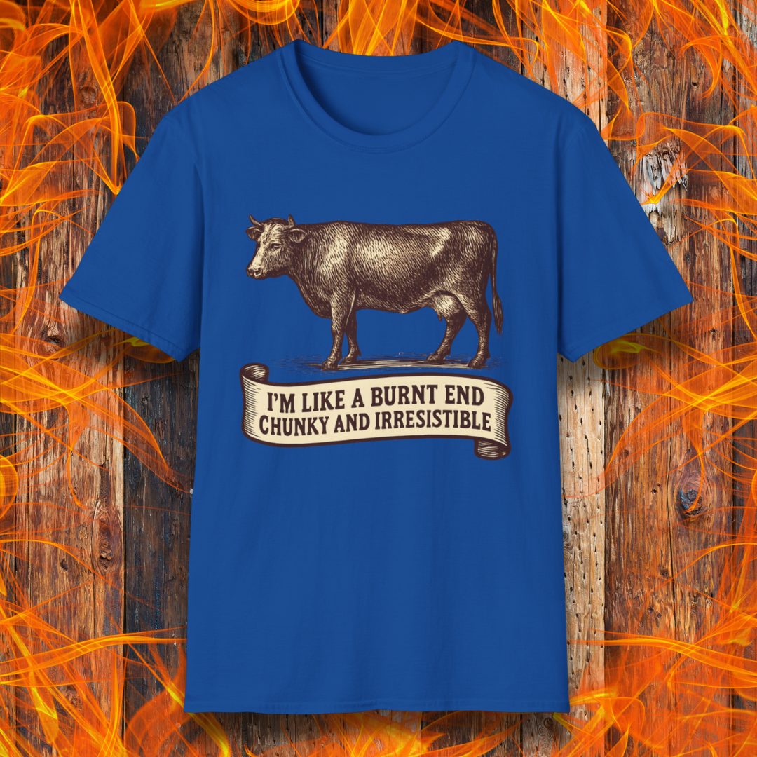 Royal Blue t-shirt with a cow graphic and text on a wooden background with flames.