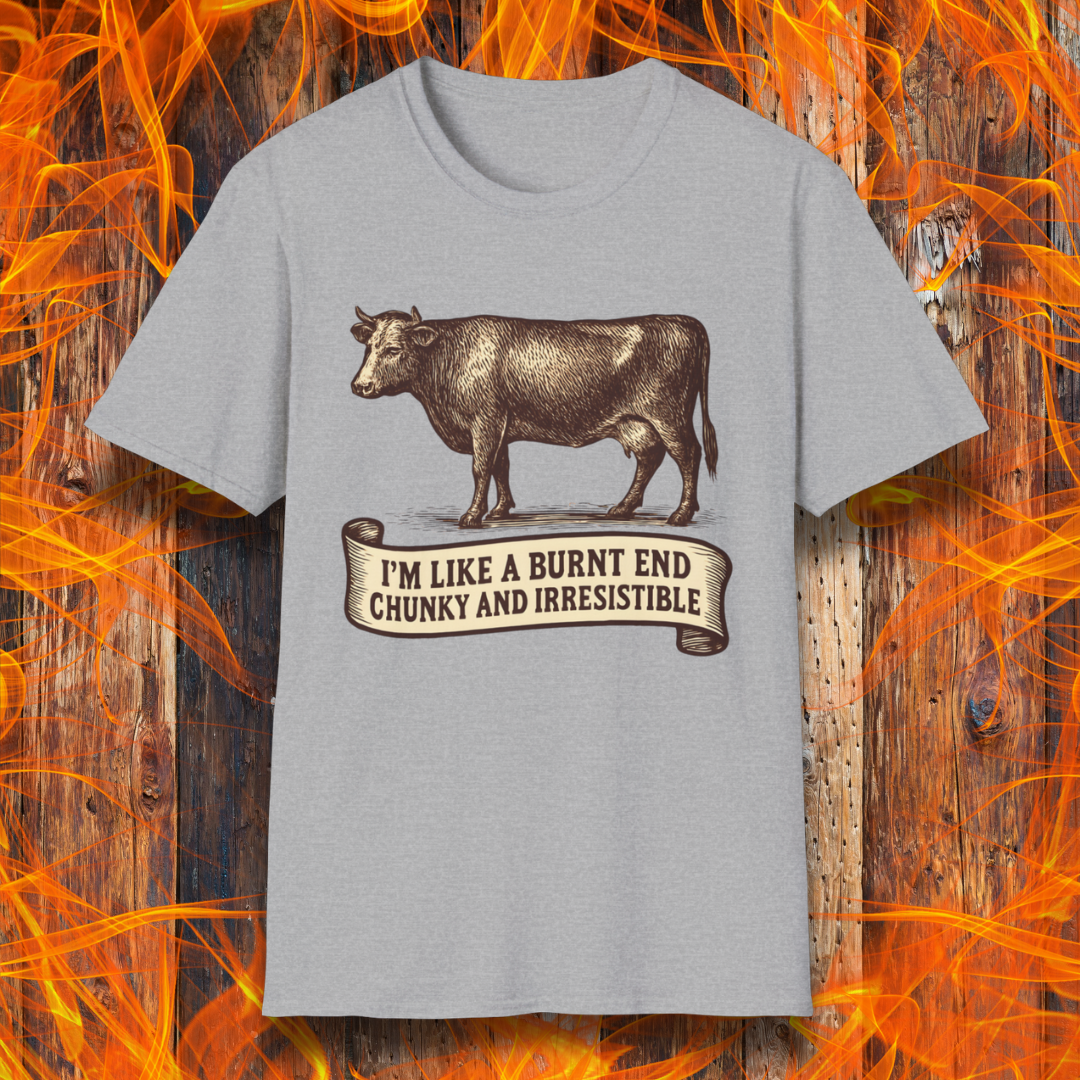 Gray t-shirt with a cow graphic and text on a fiery background