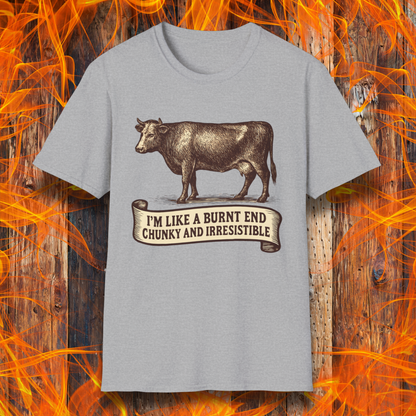 Gray t-shirt with a cow graphic and text on a fiery background