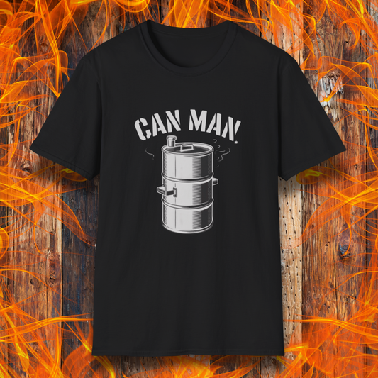 Black t-shirt featuring a bold "Can Man" design with a smoking drum smoker graphic—perfect for Drum Smoker enthusiasts and backyard BBQ legends.