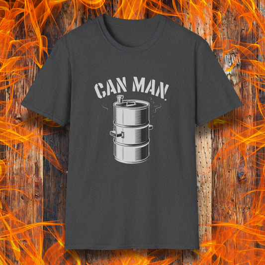 Dark Heather t-shirt featuring a bold "Can Man" design with a smoking drum smoker graphic—perfect for Drum Smoker enthusiasts and backyard BBQ legends.