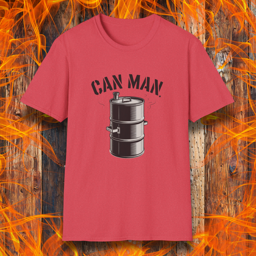 Heather Red t-shirt featuring a bold "Can Man" design with a smoking drum smoker graphic—perfect for Drum Smoker enthusiasts and backyard BBQ legends.