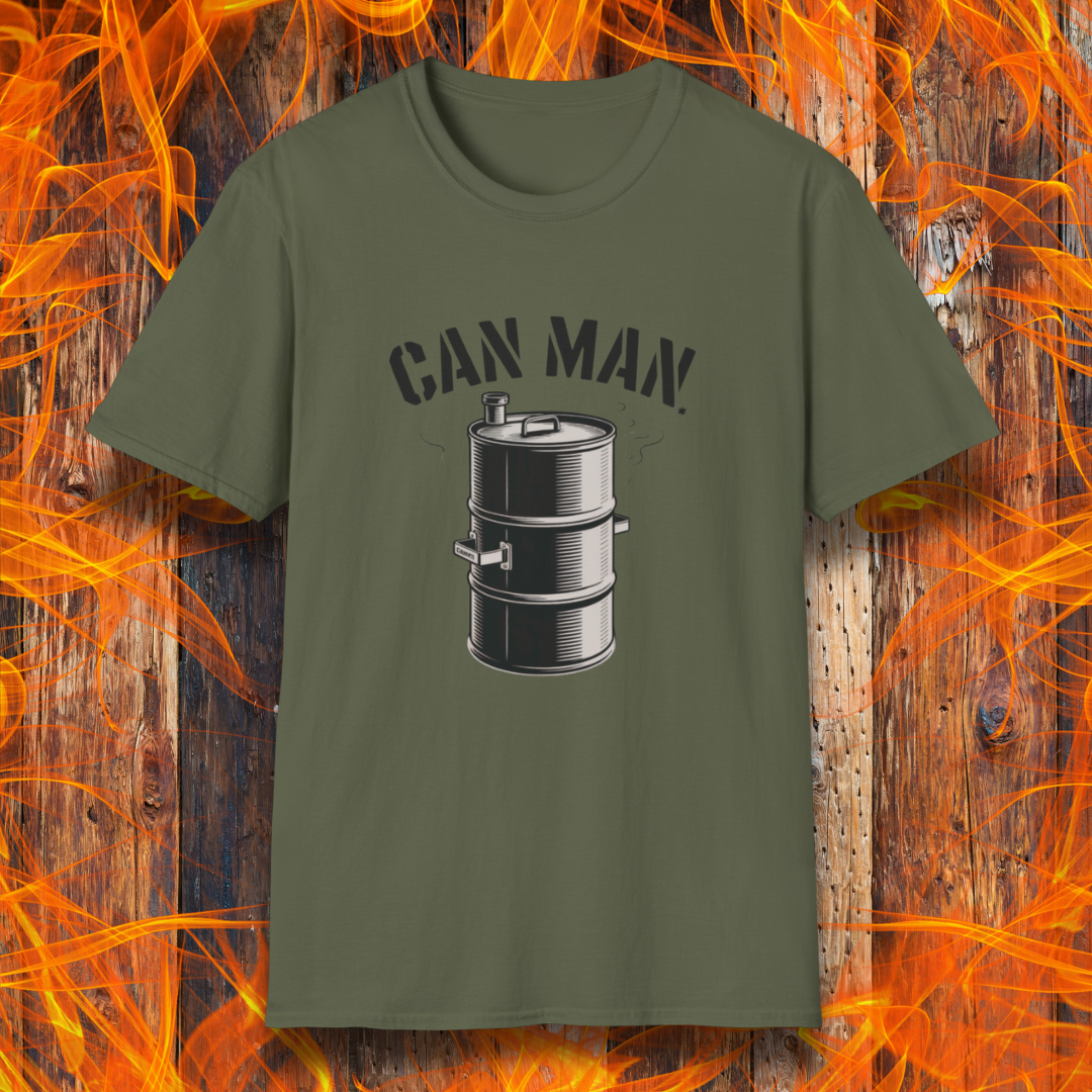 Military Green t-shirt featuring a bold "Can Man" design with a smoking drum smoker graphic—perfect for Drum Smoker enthusiasts and backyard BBQ legends.