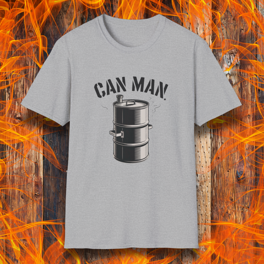 Sport Grey t-shirt featuring a bold "Can Man" design with a smoking drum smoker graphic—perfect for Drum Smoker enthusiasts and backyard BBQ legends.
