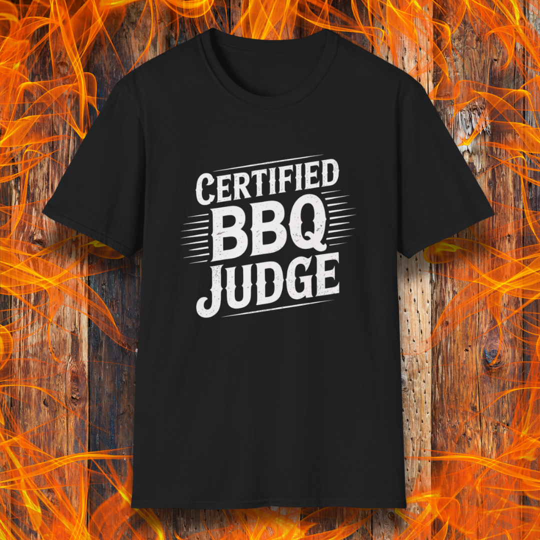Bold "Certified BBQ Judge" graphic in distressed white text on a black t-shirt, perfect for BBQ-themed apparel or promotional use.