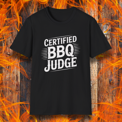 Bold "Certified BBQ Judge" graphic in distressed white text on a black t-shirt, perfect for BBQ-themed apparel or promotional use.