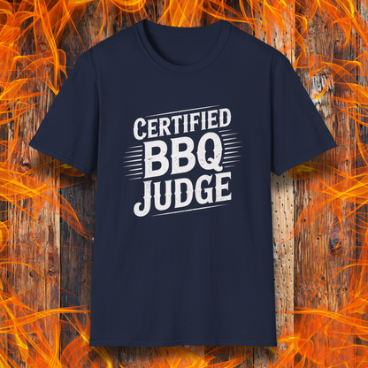 Bold "Certified BBQ Judge" graphic in distressed white text on a Navy t-shirt, perfect for BBQ-themed apparel or promotional use.