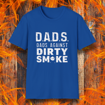 Royal Blue T-shirt featuring bold, distressed text that reads 'D.A.D.S. – Dads Against Dirty Smoke,' with a small smoker icon incorporated into the design. Perfect for BBQ dads who take their smoking game seriously!