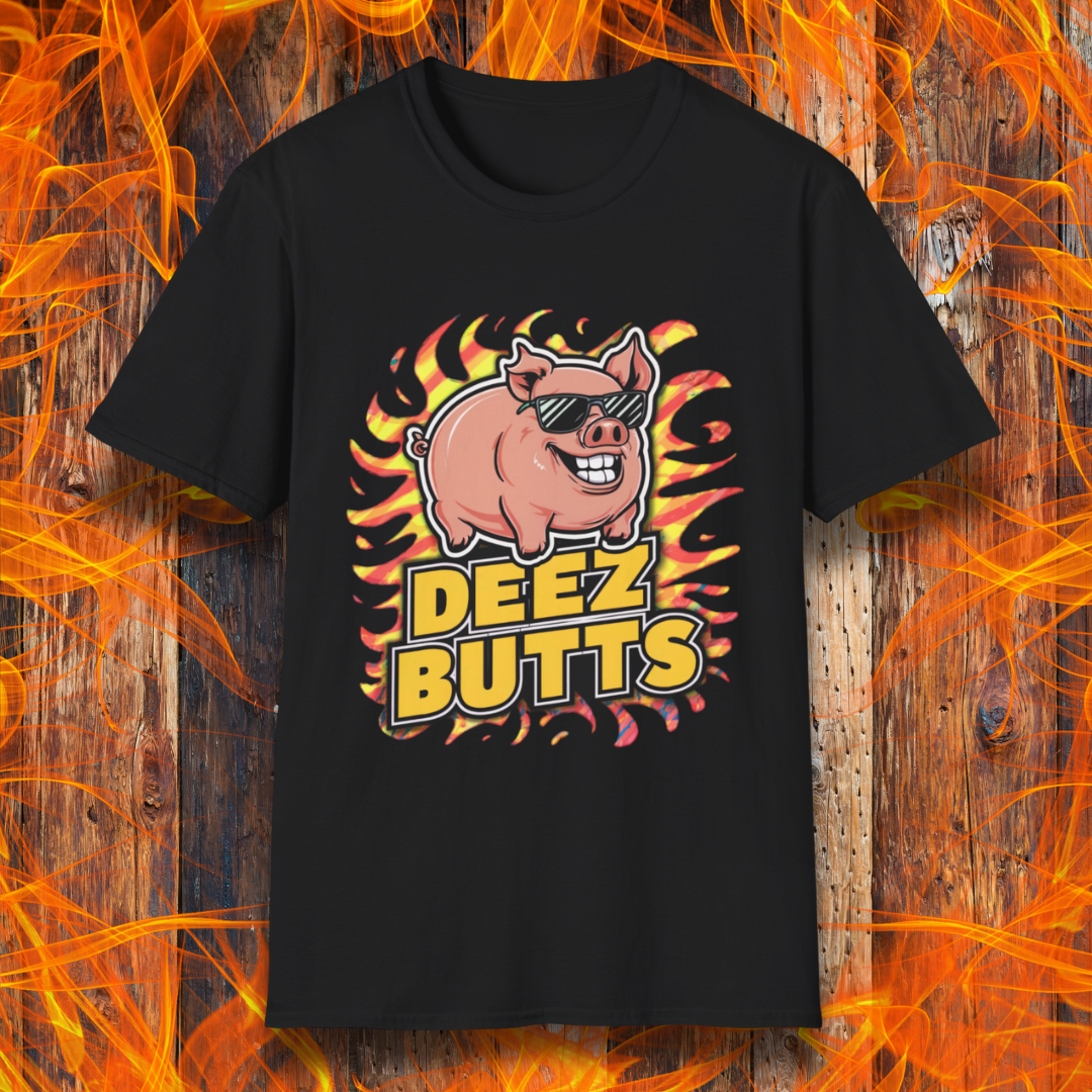 Black T-Shirt showcasing a pig with sunglasses and the phrase "Deez Butts" sitting below the pig in bold yellow lettering.