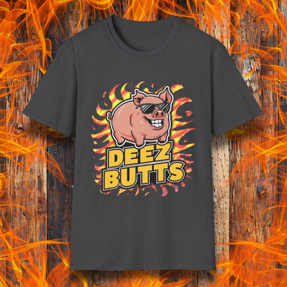 Dark Heather T-Shirt showcasing a pig with sunglasses and the phrase "Deez Butts" sitting below the pig in bold yellow lettering.