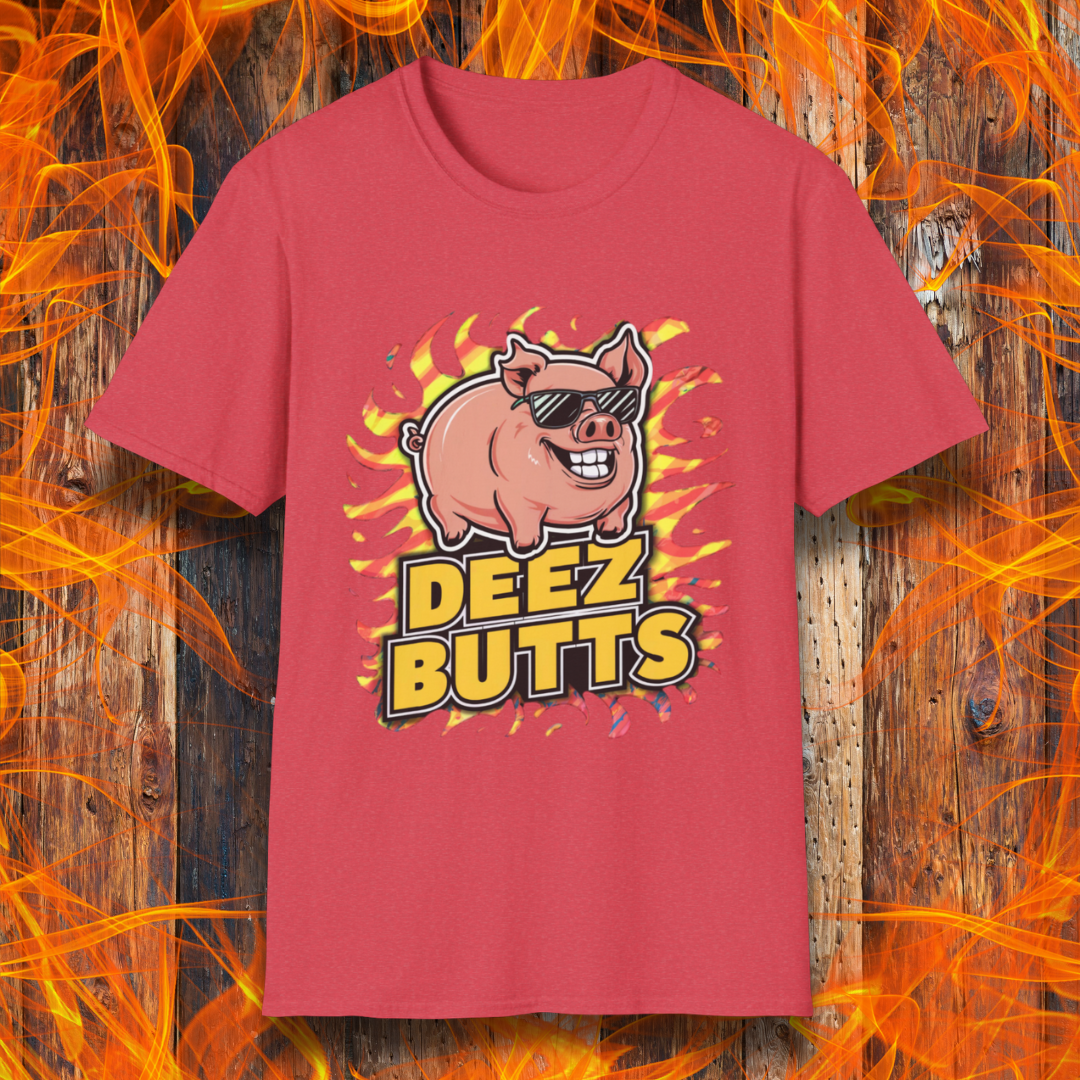 Heather Red T-Shirt showcasing a pig with sunglasses and the phrase "Deez Butts" sitting below the pig in bold yellow lettering.