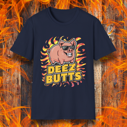 Navy T-Shirt showcasing a pig with sunglasses and the phrase "Deez Butts" sitting below the pig in bold yellow lettering.
