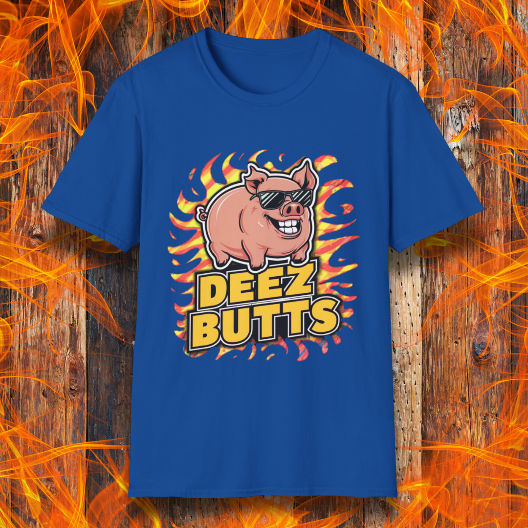 Royal Blue T-Shirt showcasing a pig with sunglasses and the phrase "Deez Butts" sitting below the pig in bold yellow lettering.