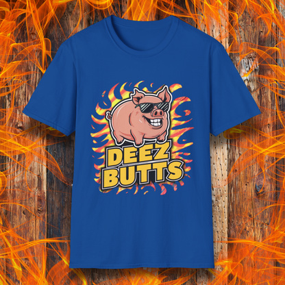 Royal Blue T-Shirt showcasing a pig with sunglasses and the phrase "Deez Butts" sitting below the pig in bold yellow lettering.