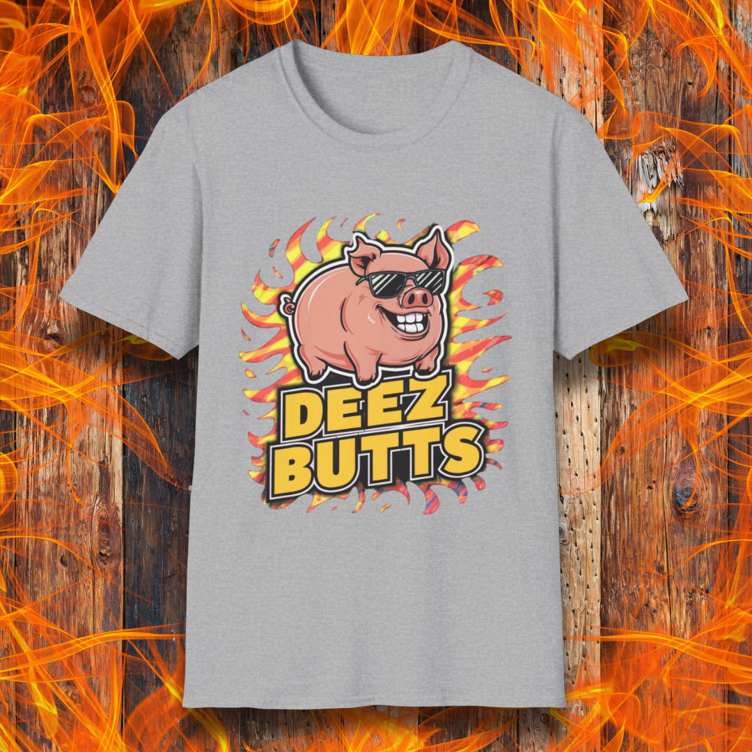 Sport Grey T-Shirt showcasing a pig with sunglasses and the phrase "Deez Butts" sitting below the pig in bold yellow lettering.