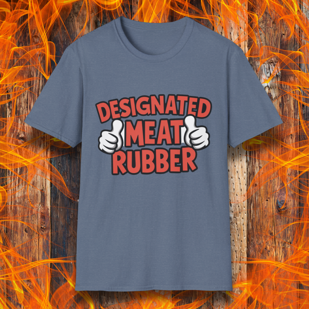 Heather Indigo T-shirt featuring bold text reading 'Designated Meat Rubber' with two thumbs-up graphics, a humorous BBQ-themed design for grill masters and barbecue lovers.