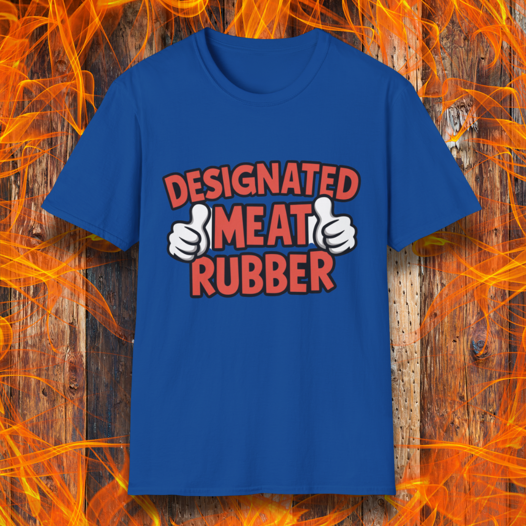 Royal Blue T-shirt featuring bold text reading 'Designated Meat Rubber' with two thumbs-up graphics, a humorous BBQ-themed design for grill masters and barbecue lovers.