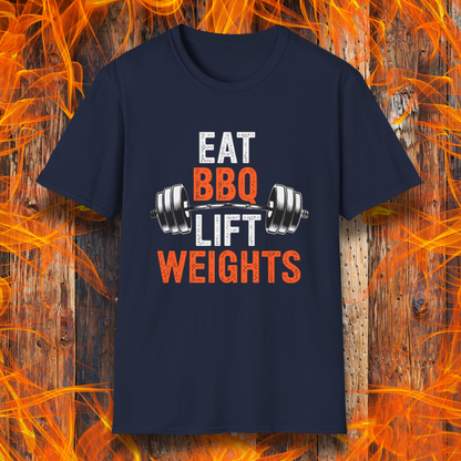 Navy T-shirt featuring a bold fitness-inspired design with the phrase 'Eat BBQ Lift Weights' alongside a barbell graphic. Perfect for barbecue lovers who also enjoy hitting the gym and staying strong while indulging in their favorite grilled meats."