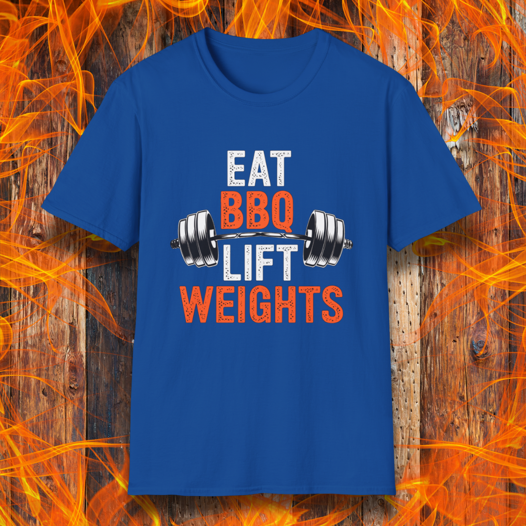 Royal Blue T-shirt featuring a bold fitness-inspired design with the phrase 'Eat BBQ Lift Weights' alongside a barbell graphic. Perfect for barbecue lovers who also enjoy hitting the gym and staying strong while indulging in their favorite grilled meats."