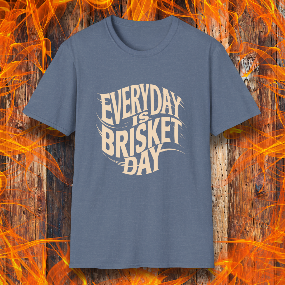 Heather Indigo  t-shirt featuring the phrase 'Everyday is Brisket Day' in bold, vintage-style typography, perfect for BBQ enthusiasts and brisket lovers.