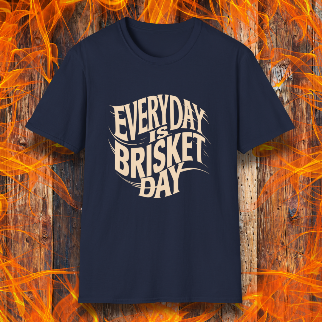 Navy t-shirt featuring the phrase 'Everyday is Brisket Day' in bold, vintage-style typography, perfect for BBQ enthusiasts and brisket lovers.