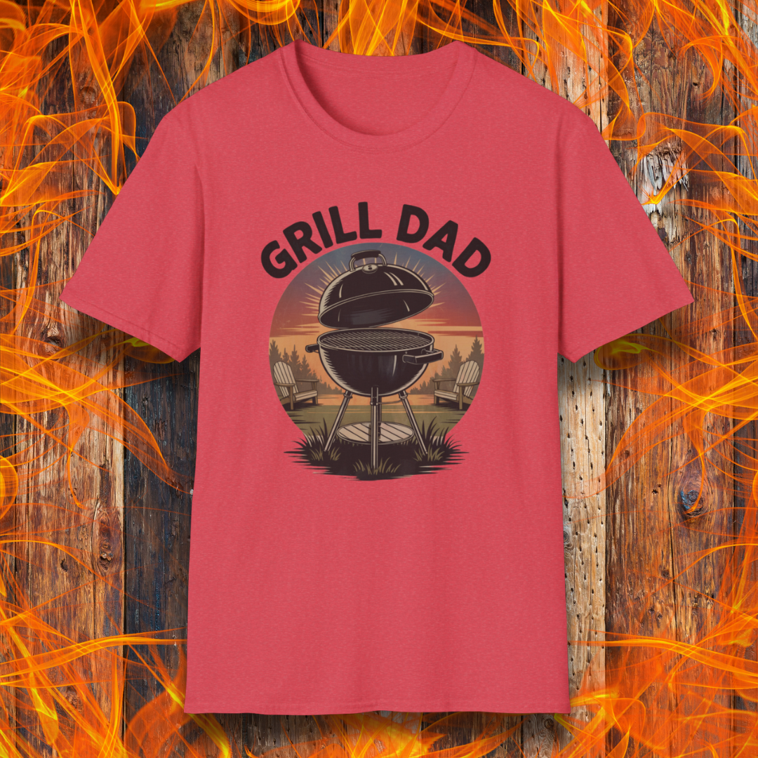 Heather Red t-shirt with 'Grill Dad' graphic on a wooden background with flames.