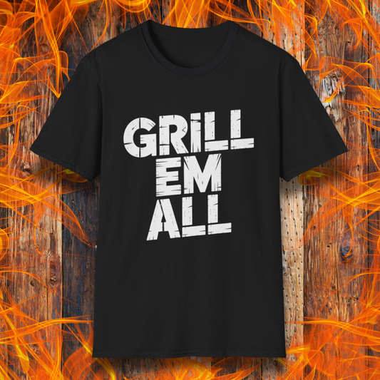 Black t-shirt with 'GRILL EM ALL' text on a fiery background