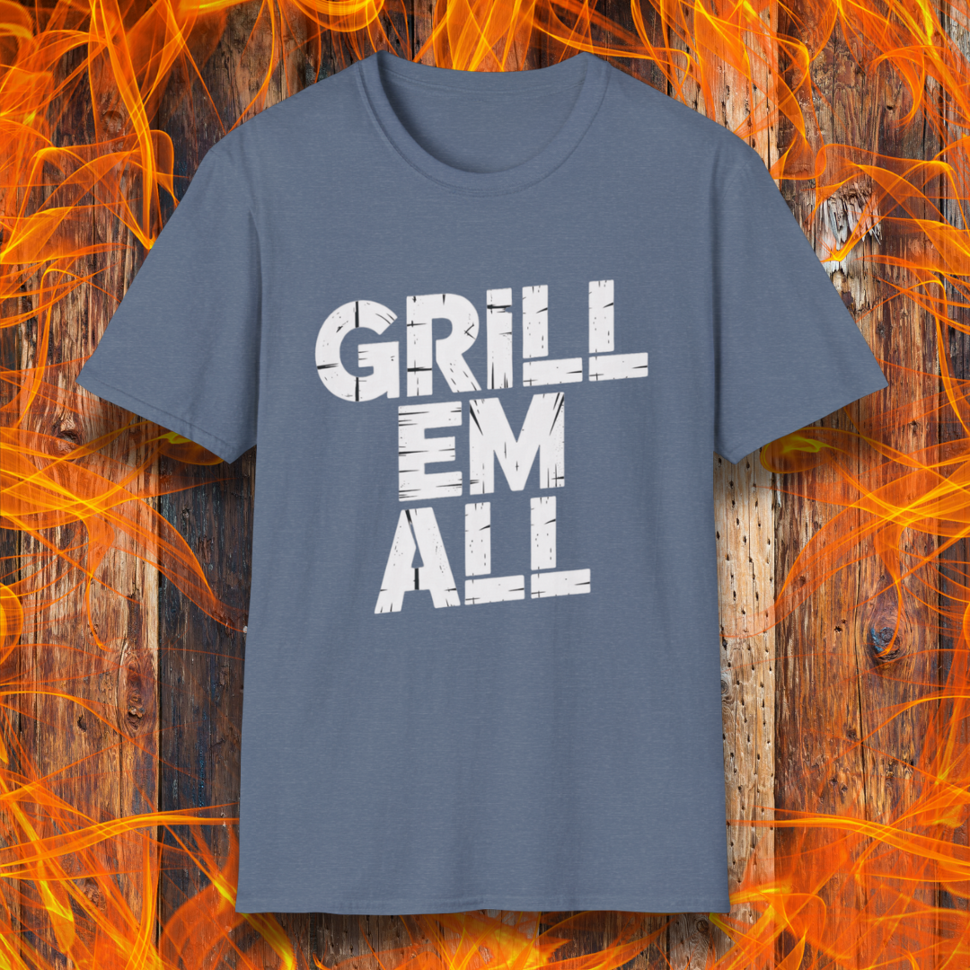 Heather Indigo t-shirt with 'GRILL EM ALL' text on a fiery background