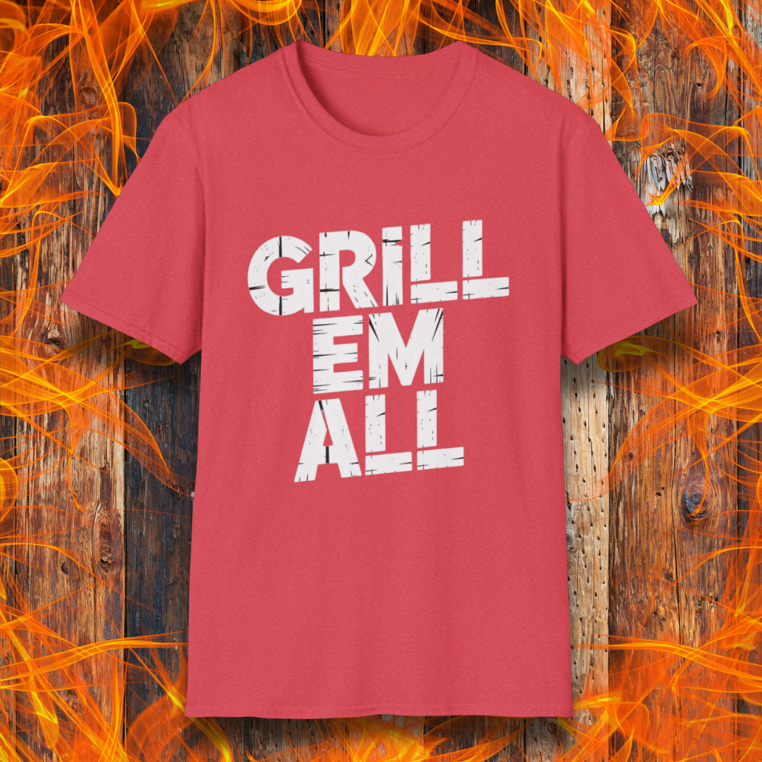 Heather Red t-shirt with 'GRILL EM ALL' text on a wooden background with flames.