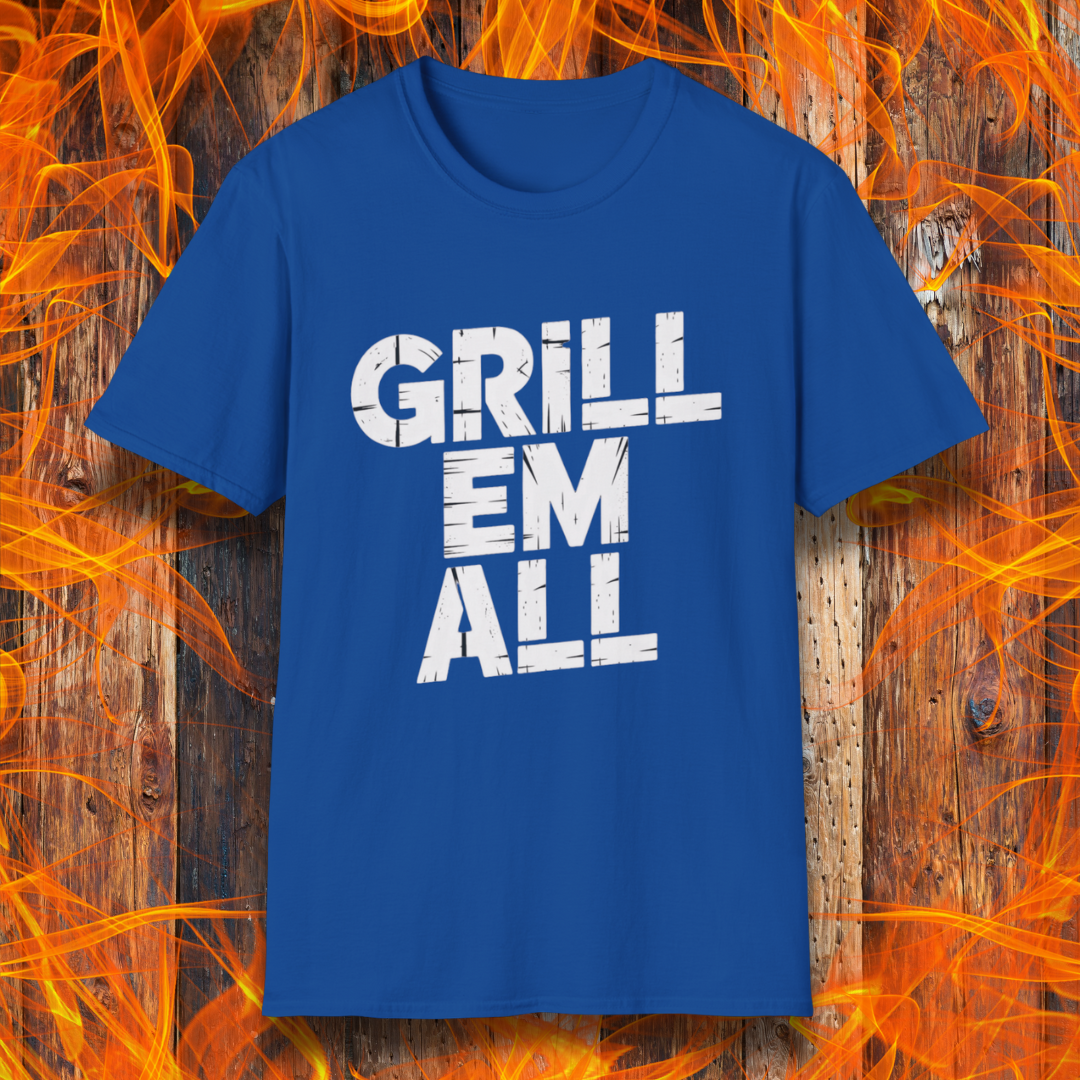 Royal Blue t-shirt with 'GRILL EM ALL' text on a fiery background