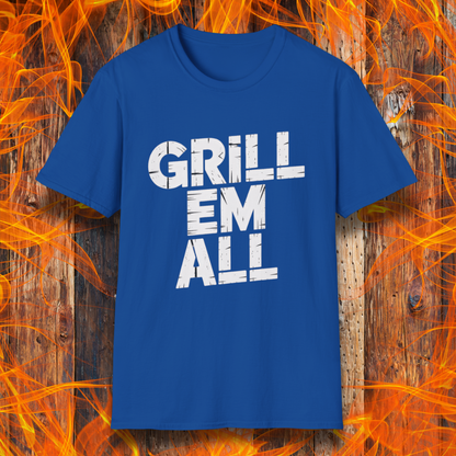 Royal Blue t-shirt with 'GRILL EM ALL' text on a fiery background