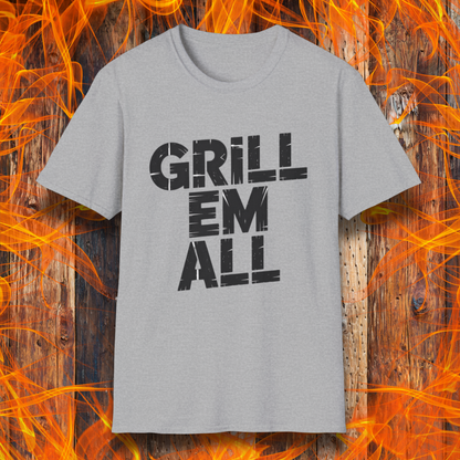 Sport Grey t-shirt with 'GRILL EM ALL' text on a fiery background