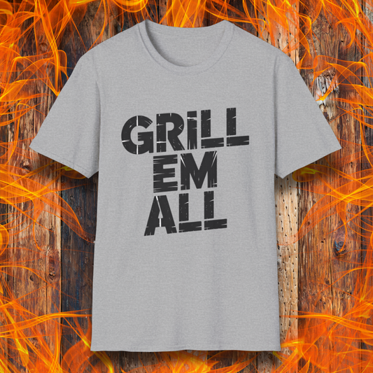 Sport Grey t-shirt with 'GRILL EM ALL' text on a fiery background