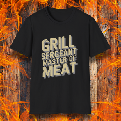 Black t-shirt featuring bold, distressed text that reads 'Grill Sergeant, Master of Meat,' styled with a rugged, military-inspired design."