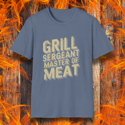 Heather Indigo t-shirt featuring bold, distressed text that reads 'Grill Sergeant, Master of Meat,' styled with a rugged, military-inspired design."