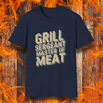 Navy t-shirt featuring bold, distressed text that reads 'Grill Sergeant, Master of Meat,' styled with a rugged, military-inspired design."