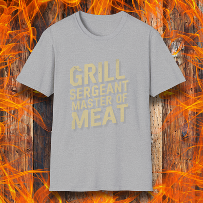 Sport Grey t-shirt featuring bold, distressed text that reads 'Grill Sergeant, Master of Meat,' styled with a rugged, military-inspired design."