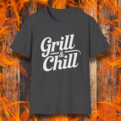Dark Heather t-shirt with 'Grill & Chill' text on a fiery background