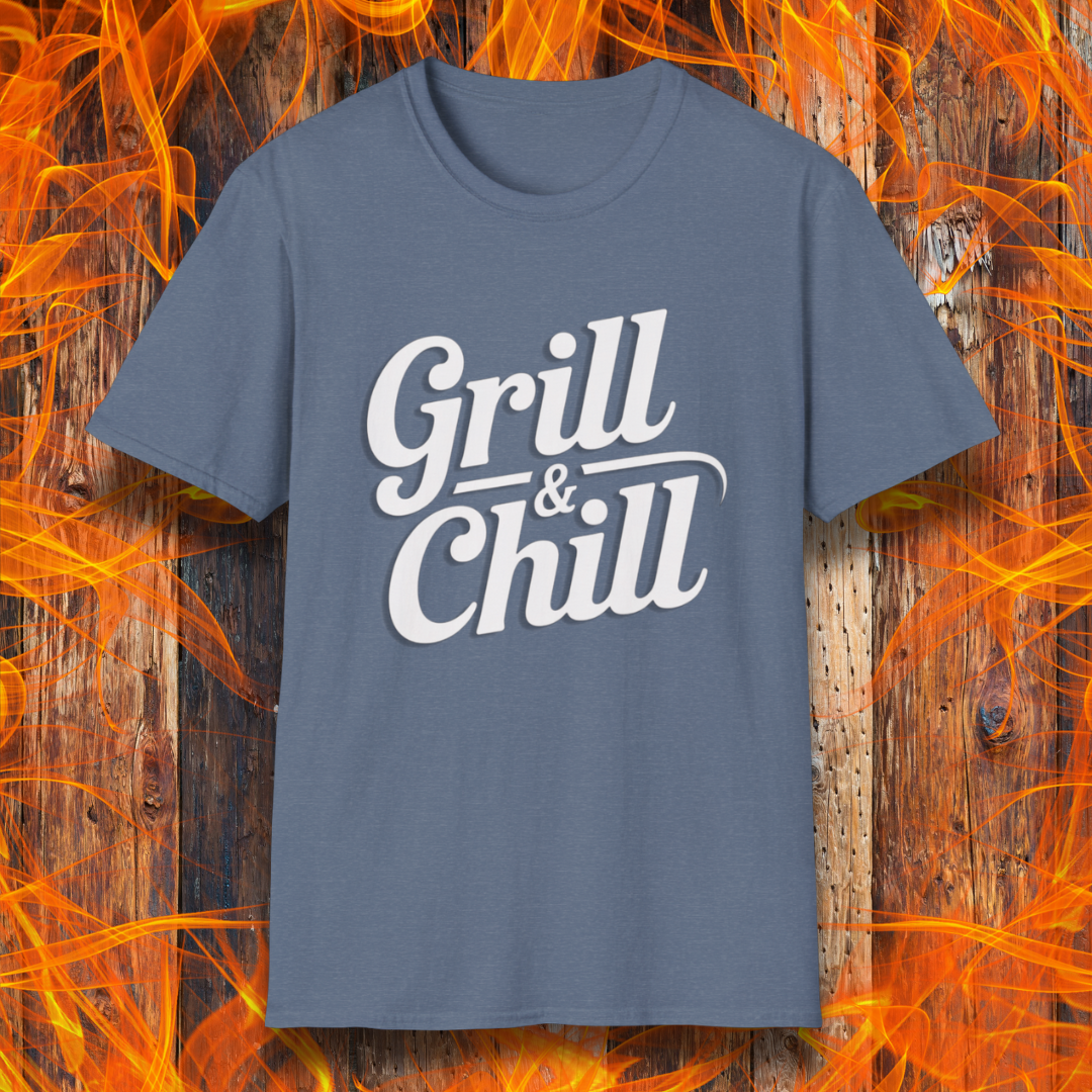 Heather Indigo t-shirt with 'Grill & Chill' text on a fiery background