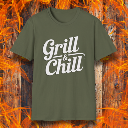 Military Green t-shirt with 'Grill & Chill' text on a fiery background