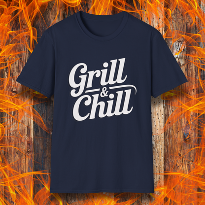 Navy blue t-shirt with 'Grill & Chill' text on a fiery background