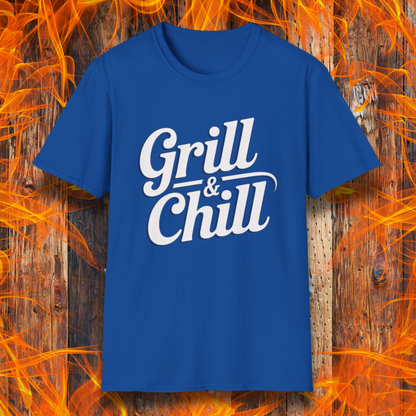 Royal Blue t-shirt with 'Grill & Chill' text on a fiery background