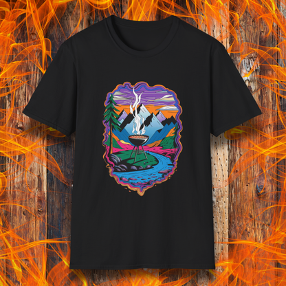 Black T-shirt featuring a vibrant and artistic illustration of a scenic mountain landscape with a smoking grill at the center, surrounded by a flowing river, pine trees, and a colorful sky. The design evokes a love for outdoor grilling and adventure, making it a perfect choice for BBQ and nature enthusiasts.
