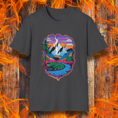 Dark Heather T-shirt featuring a vibrant and artistic illustration of a scenic mountain landscape with a smoking grill at the center, surrounded by a flowing river, pine trees, and a colorful sky. The design evokes a love for outdoor grilling and adventure, making it a perfect choice for BBQ and nature enthusiasts.