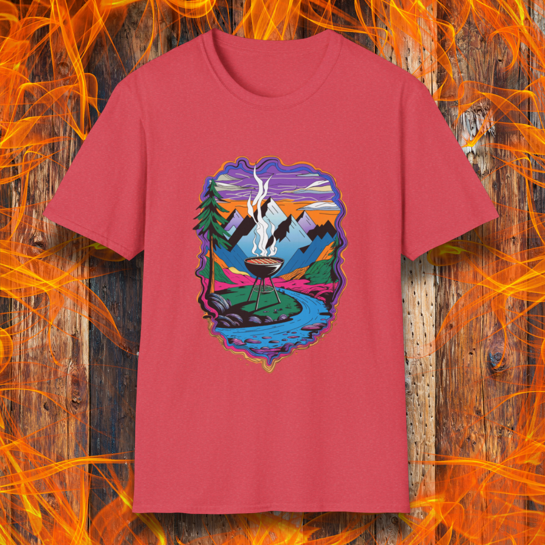 Heather Red T-shirt featuring a vibrant and artistic illustration of a scenic mountain landscape with a smoking grill at the center, surrounded by a flowing river, pine trees, and a colorful sky. The design evokes a love for outdoor grilling and adventure, making it a perfect choice for BBQ and nature enthusiasts.