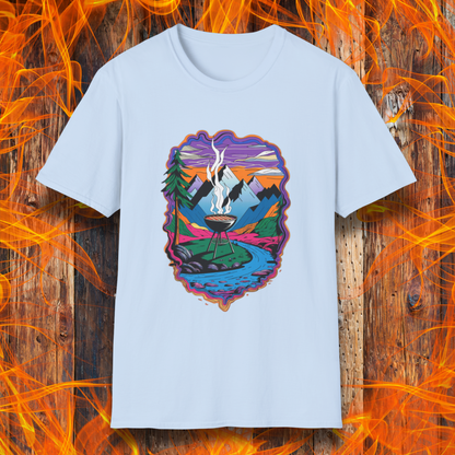 Light Blue T-shirt featuring a vibrant and artistic illustration of a scenic mountain landscape with a smoking grill at the center, surrounded by a flowing river, pine trees, and a colorful sky. The design evokes a love for outdoor grilling and adventure, making it a perfect choice for BBQ and nature enthusiasts.