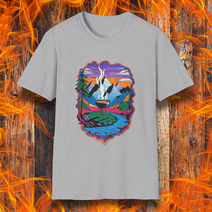 Sport Grey T-shirt featuring a vibrant and artistic illustration of a scenic mountain landscape with a smoking grill at the center, surrounded by a flowing river, pine trees, and a colorful sky. The design evokes a love for outdoor grilling and adventure, making it a perfect choice for BBQ and nature enthusiasts.