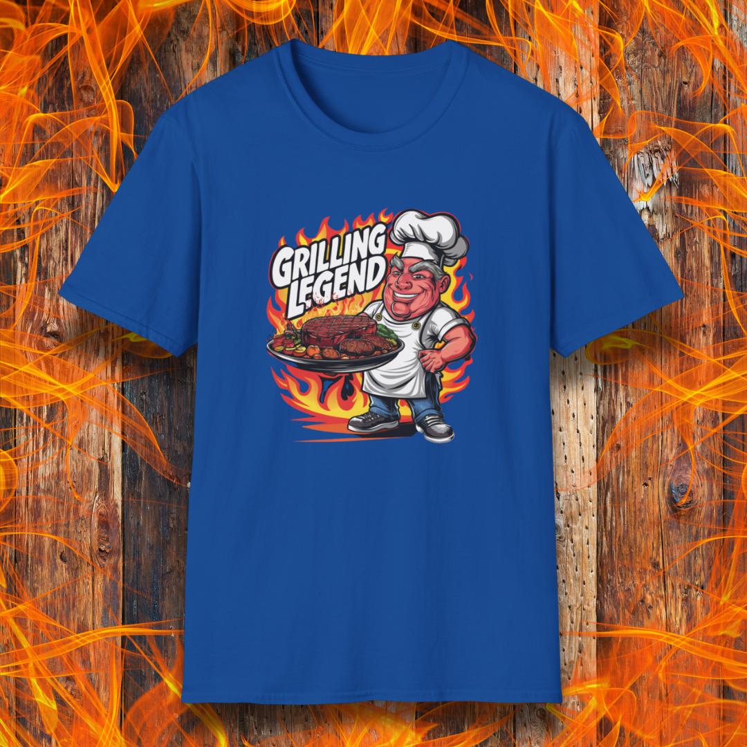 Royal t-shirt featuring a cartoon-style chef character holding a platter of perfectly grilled meats, with flames in the background and bold text that reads 'Grilling Legend'—ideal for BBQ masters and pit bosses