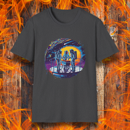 Dark Heather T-shirt showcases a vibrant, futuristic design featuring astronauts grilling in space. The scene is set on a metallic space station platform, with a cosmic backdrop of planets, stars, and a fiery explosion. The detailed artwork blends sci-fi with BBQ culture, making it a perfect choice for grilling enthusiasts who love a unique, out-of-this-world theme.