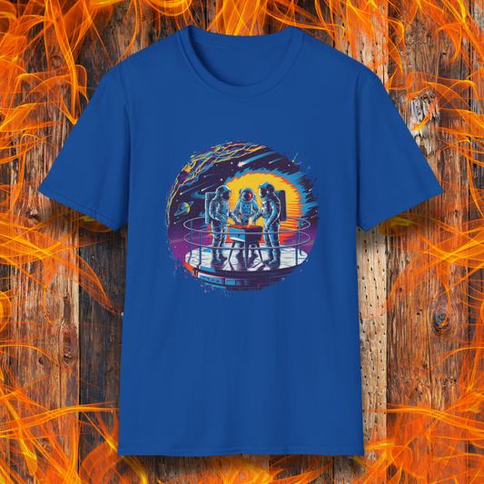 Royal Blue T-shirt showcases a vibrant, futuristic design featuring astronauts grilling in space. The scene is set on a metallic space station platform, with a cosmic backdrop of planets, stars, and a fiery explosion. The detailed artwork blends sci-fi with BBQ culture, making it a perfect choice for grilling enthusiasts who love a unique, out-of-this-world theme.